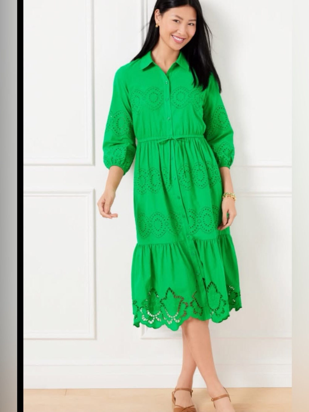 Talbots 18W Green Eyelet Button-Front Midi Dress